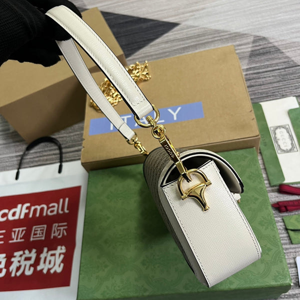 BORSA GG HORSEBIT 1955 24 IN TELA BEIGE E PELLE DI VITELLO BIANCA