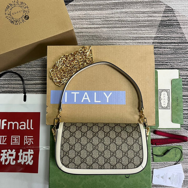 BORSA GG HORSEBIT 1955 24 IN TELA BEIGE E PELLE DI VITELLO BIANCA
