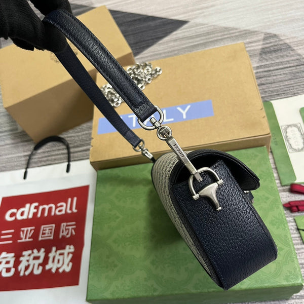 BORSA GG HORSEBIT 1955 24 IN TELA BEIGE E PELLE DI VITELLO NERA