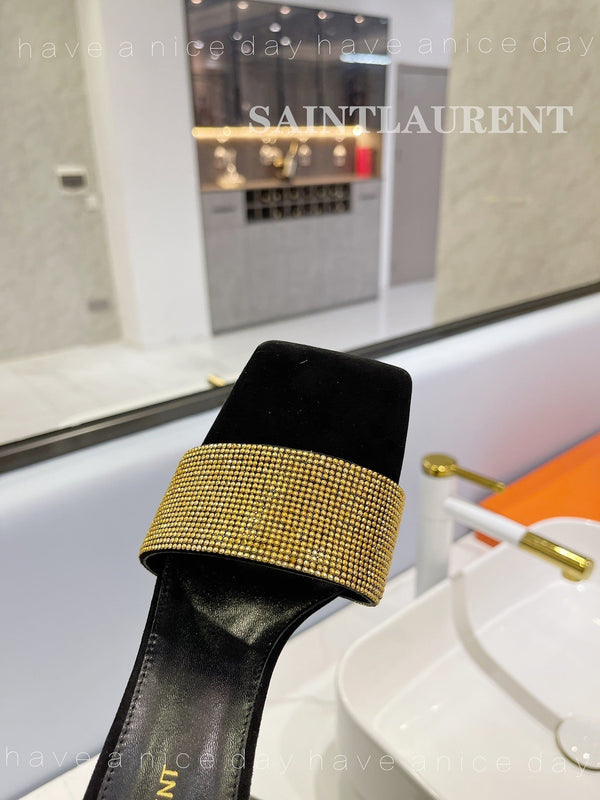 SL LUCKY GOLD CRYSTAL HIGH HEELS BLACK CALFSKIN