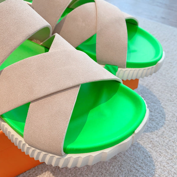 HM ELECTRIC SANDAL PARAKEET AND KHAKI CALFSKIN