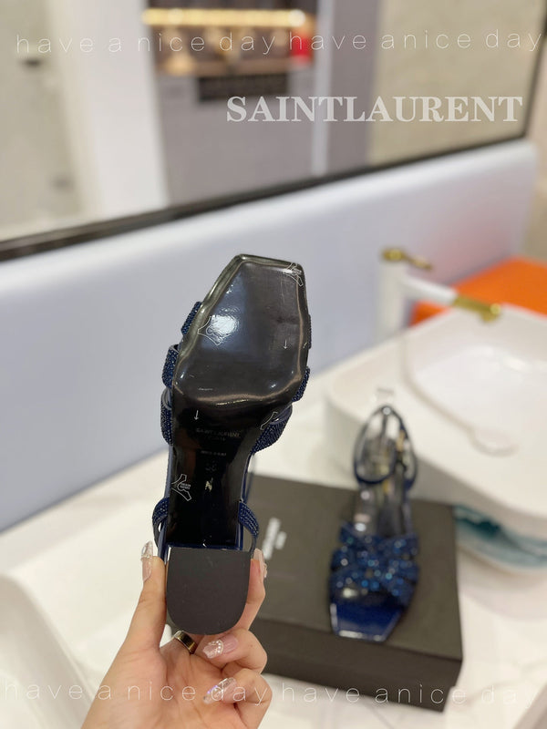 SL TRIBUTE CRYSTAL SANDALS GLOSSY NAVY CALFSKIN