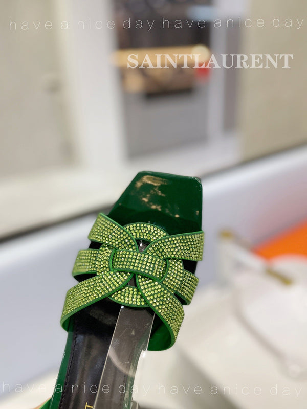 SL TRIBUTE CRYSTAL SANDALS DARK GREEN CALFSKIN
