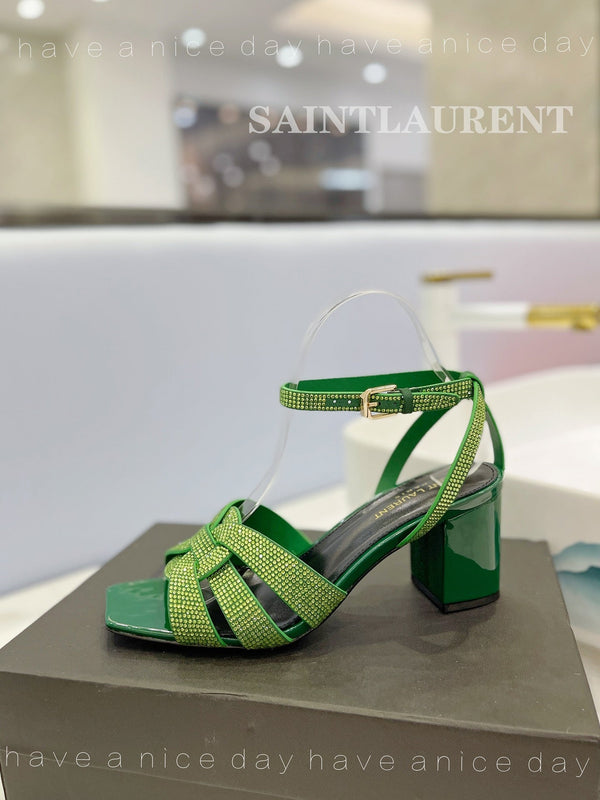 SL TRIBUTE CRYSTAL SANDALS DARK GREEN CALFSKIN