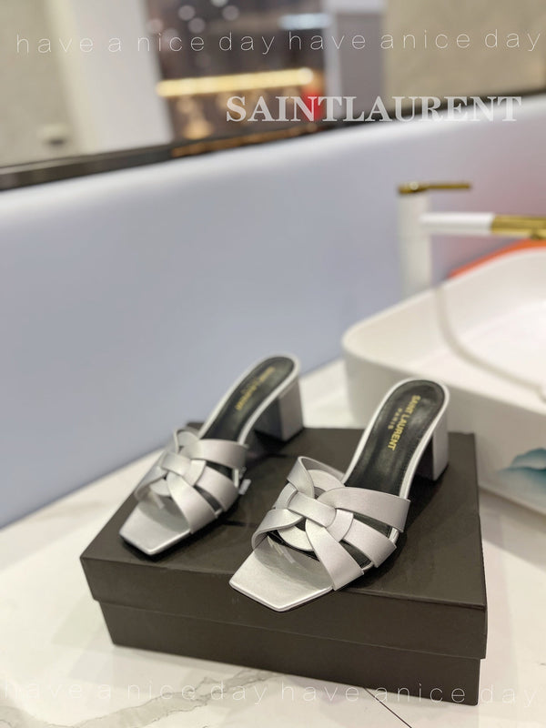 SL TRIBUTE MULES SILVER CALFSKIN