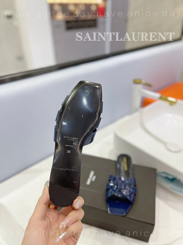 SL TRIBUTE SLIPPERS GLOSSY NAVY CALFSKIN