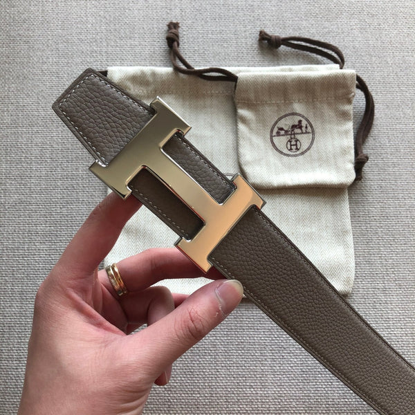 HM BELT BUCKLE & REVERSIBLE BLACK AND TAN BROWN LEATHER STRAP 38MM SILVER HARDWARE