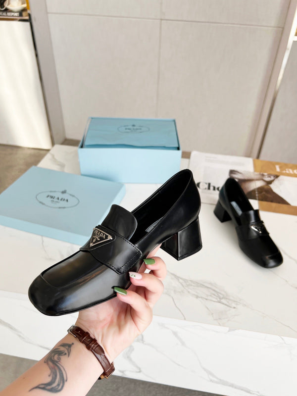 Prad 26S 5.5cm Block Heel Loafers Black Leather 147123