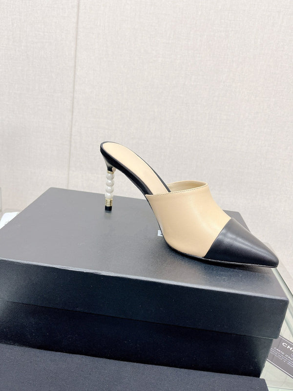 cc high heel 85 mule beige nero in pelle di agnello