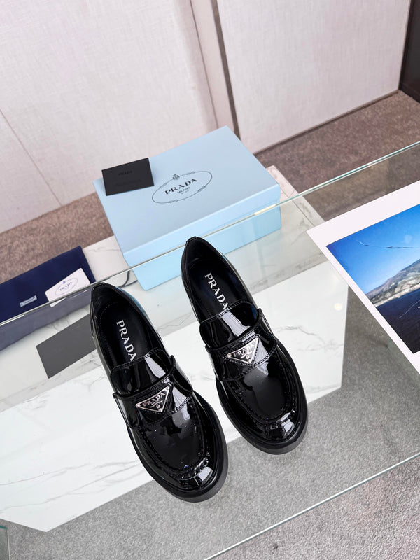 Prada 26S 8cm Block Heel Loafers Black Brushed Leather 147121