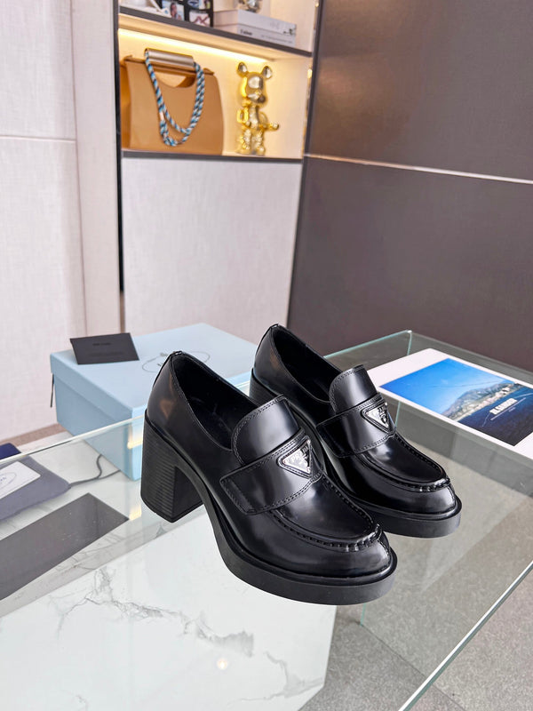 Prada 26S 8cm Block Heel Loafers Black Brushed Leather 147121