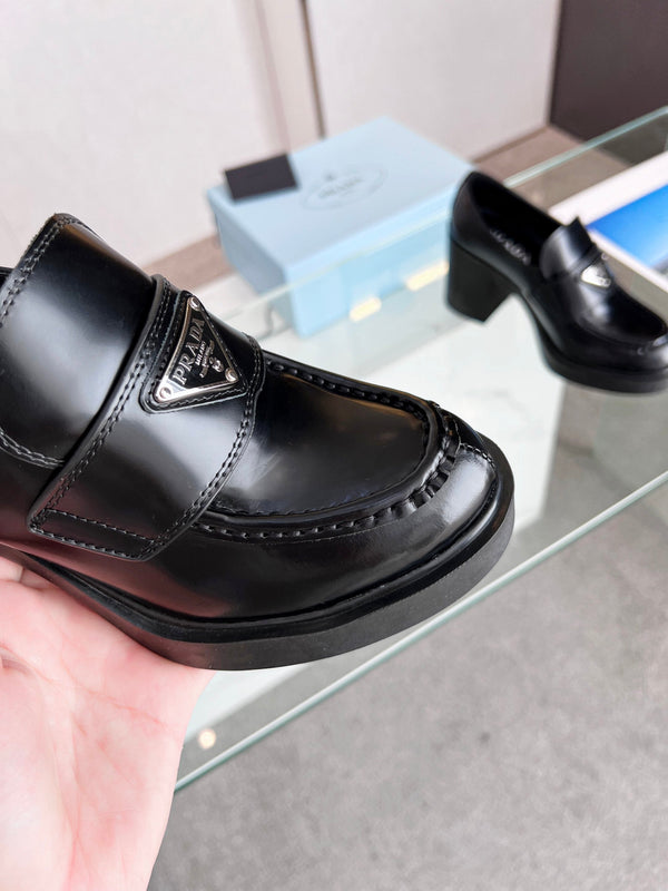 Prada 26S 8cm Block Heel Loafers Black Brushed Leather 147121
