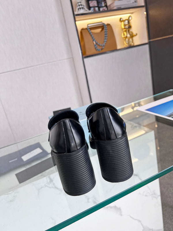 Prada 26S 8cm Block Heel Loafers Black Brushed Leather 147121