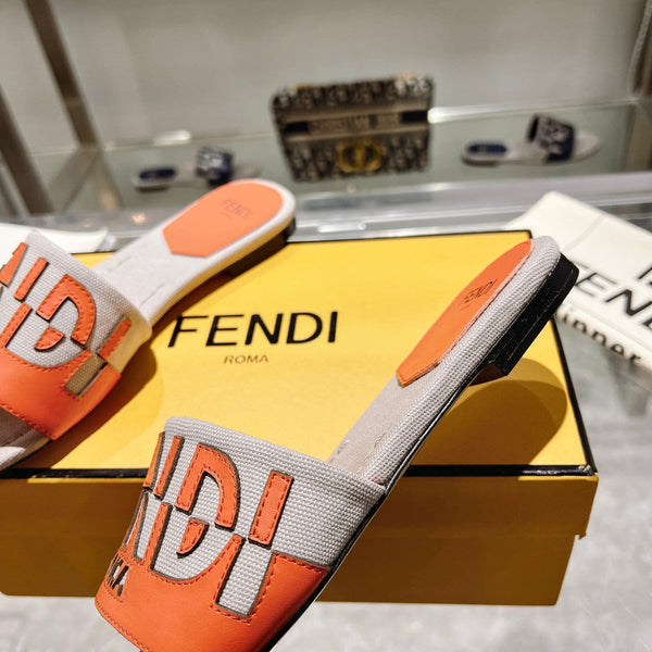 FF Women Roma Signature Orange Grey Canvas Leather Slide