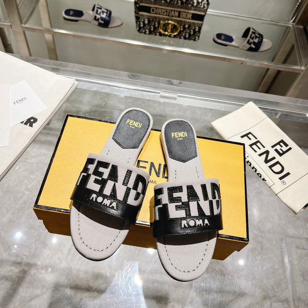 FF Women Roma Signature Black Grey Canvas Leather Slide