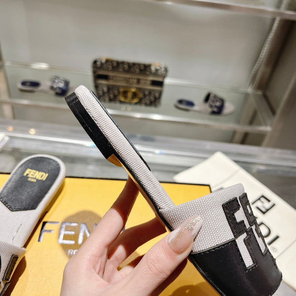 FF Women Roma Signature Black Grey Canvas Leather Slide