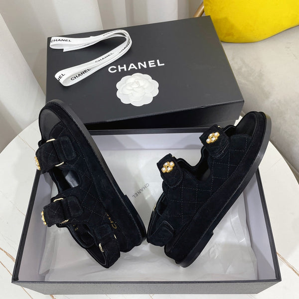 CC 26s Sandals Black Suede Pearl Camellia Embellishment