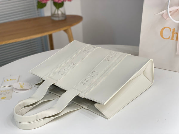 Chloé Woody Tote Bag 45cm White Calfskin 531226