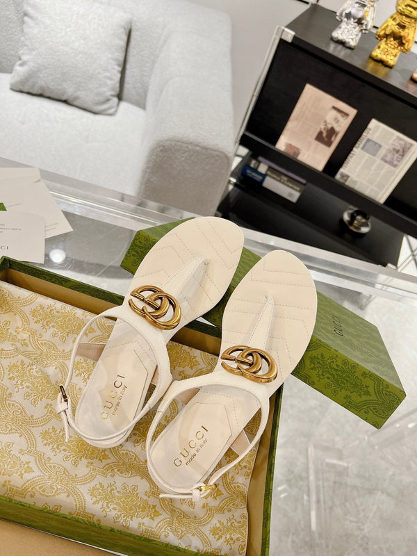 GC Double G Block Heel Thong Sandals White Leather 292408