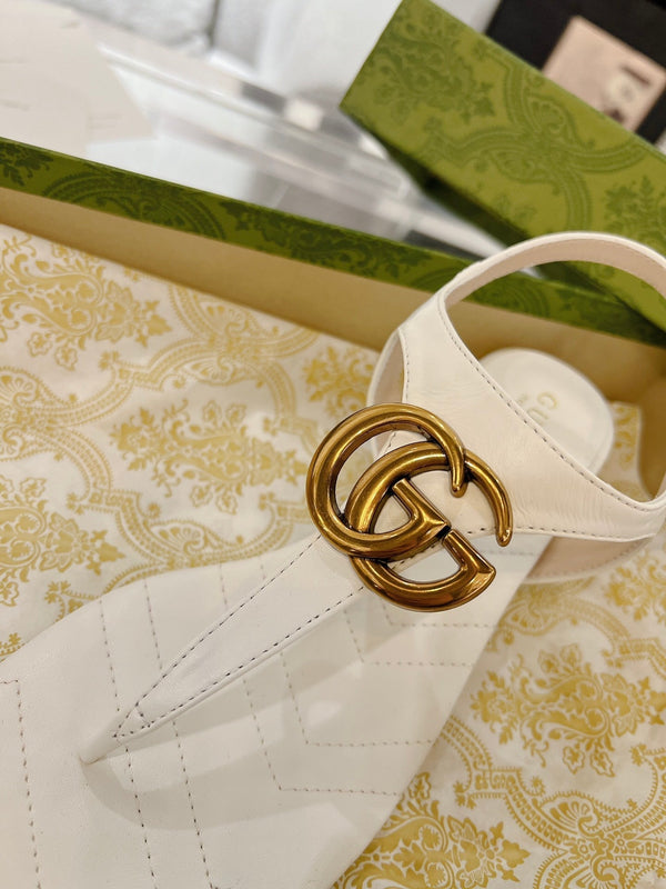 GC Double G Block Heel Thong Sandals White Leather 292408