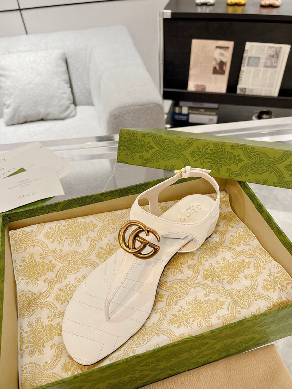 GC Double G Block Heel Thong Sandals White Leather 292408