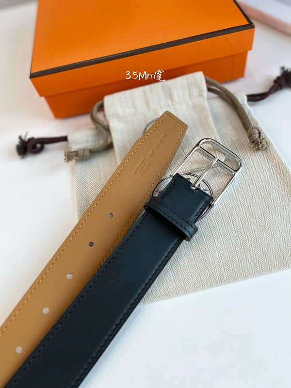 HM ROMAIN 35MM BELT BLACK LEATHER SILVER HARDWARE