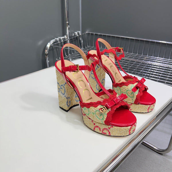 GG Platform Black Heel 105 Sandal Red Calfskin Beige Raffia