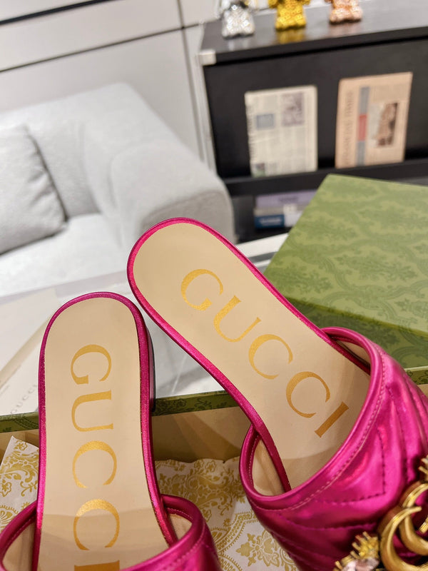 GG SPARKLE CRYSTAL SLIDE SANDAL METALLIC PINK CALFSKIN