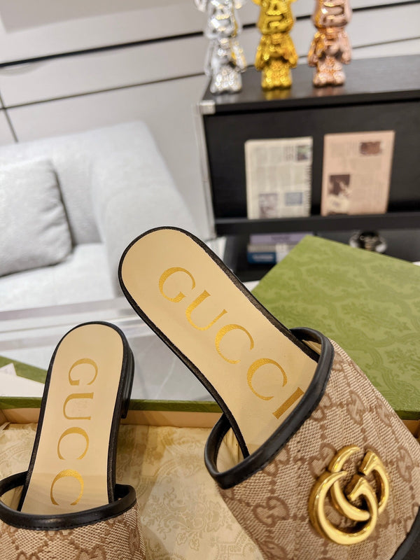 GG EXCLUSIVE SLIDE SANDAL BLACK AND BROWN FABRIC