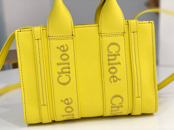 Chloé Woody mini tote bag 20cm yellow calfskin