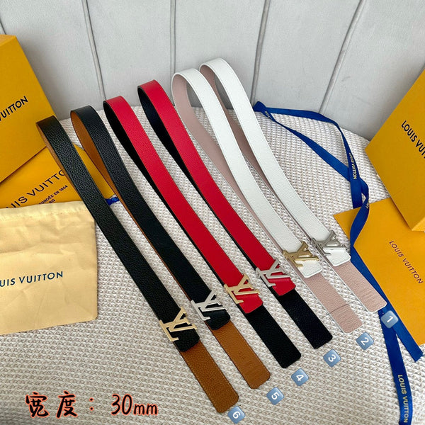 LV 30 MM BELTS IN BLACK AND CHERRY RED CALFSKIN SILVER HARDWARE