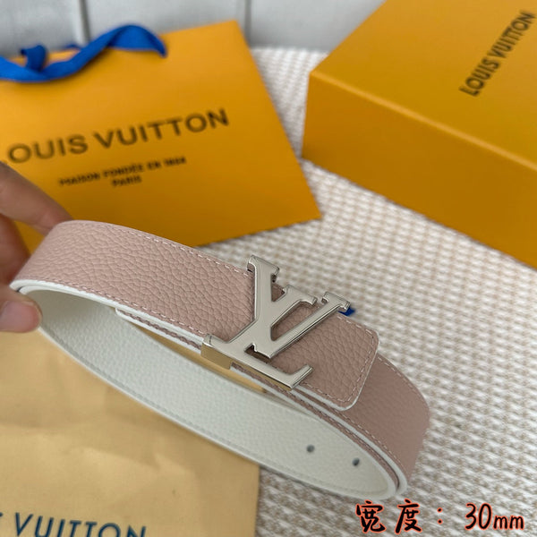 LV 30 MM BELTS IN WHITE AND PINK PASTEL CALFSKIN SILVER HARDWARE