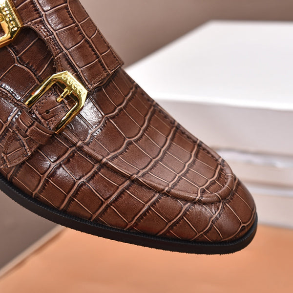 GG Men's Double Monk Strap Loafer Brown Embossed Cowhide