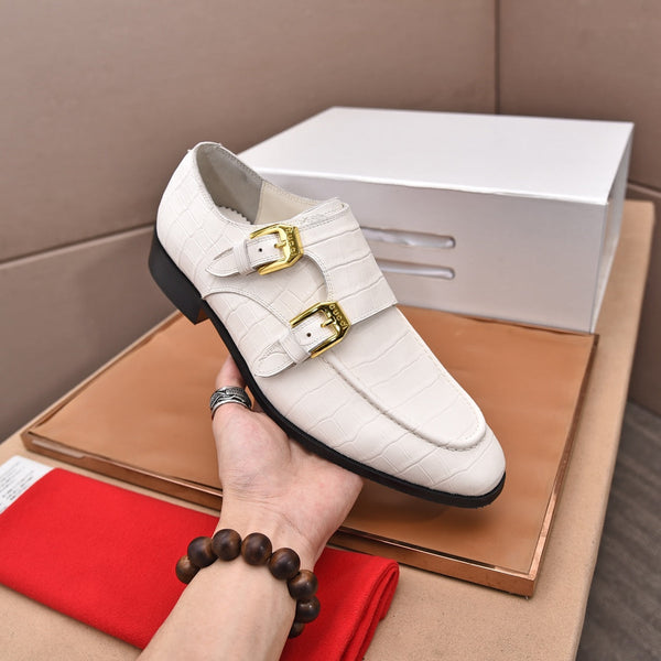GG Men's Double Monk Strap Loafer White Embossed Cowhide