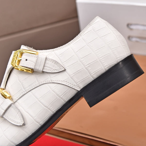 GG Men's Double Monk Strap Loafer White Embossed Cowhide
