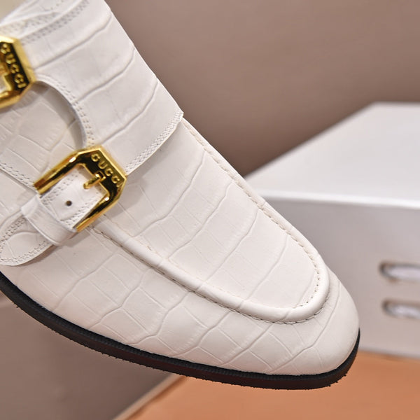 GG Men's Double Monk Strap Loafer White Embossed Cowhide