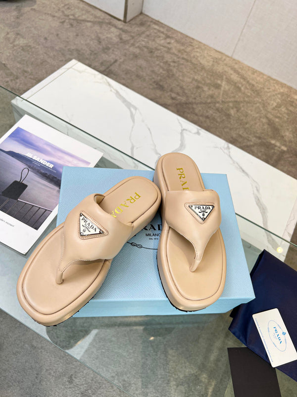 Prad 26s Platform Thong Sandals Beige Leather 140399