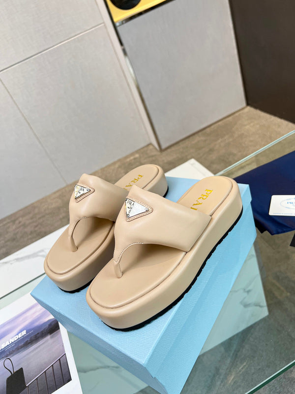 Prad 26s Platform Thong Sandals Beige Leather 140399