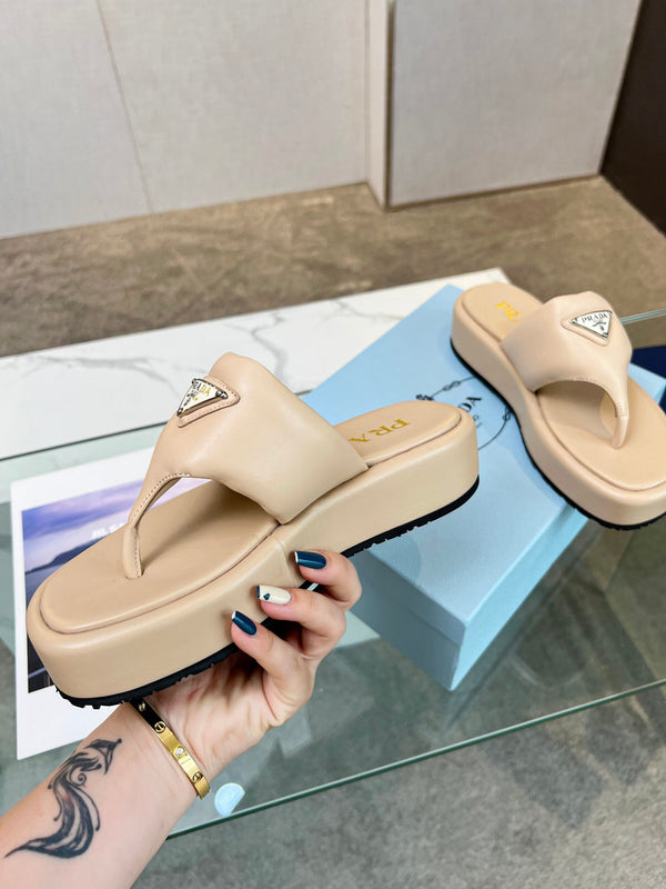 Prad 26s Platform Thong Sandals Beige Leather 140399