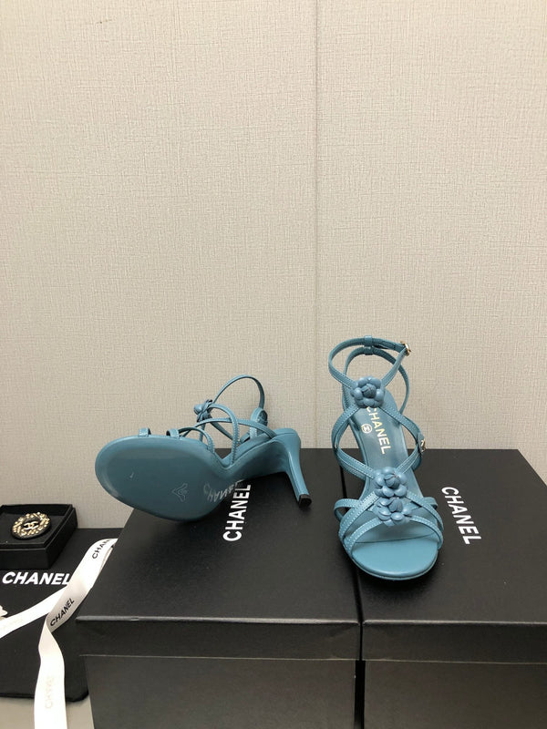 FLORAL HIGH HEEL SANDAL IN SAPPHIRE BLUE LAMBSKIN