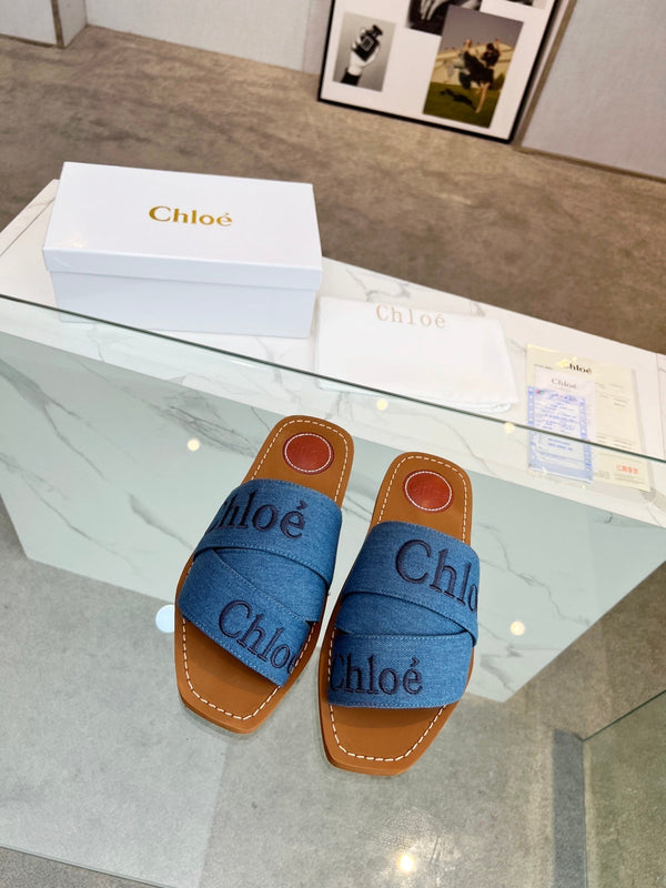 CHLOÉ WOODY MULE IN COBALT BLUE DENIM WITH EMBROIDERED LOGO