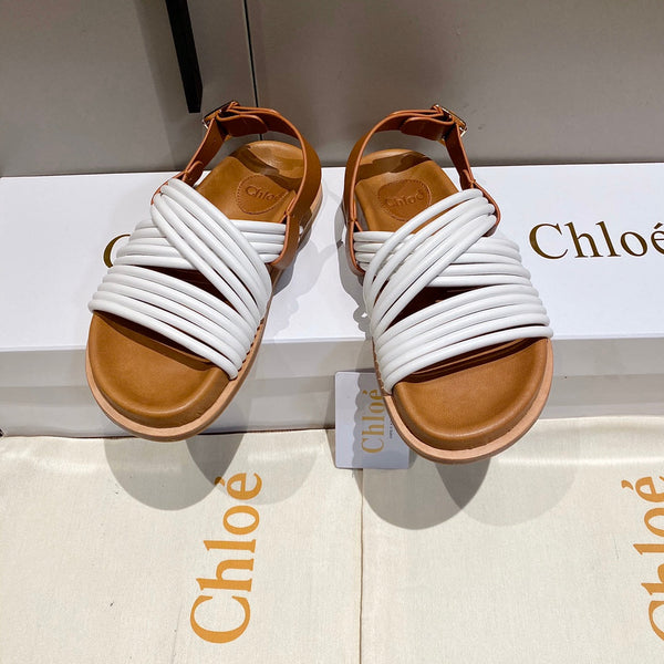 CHLOÉ CROSS STRAP SANDAL IN WHITE MIX BRONZE BROWN RUBBER WITH GOLD HARDWARE