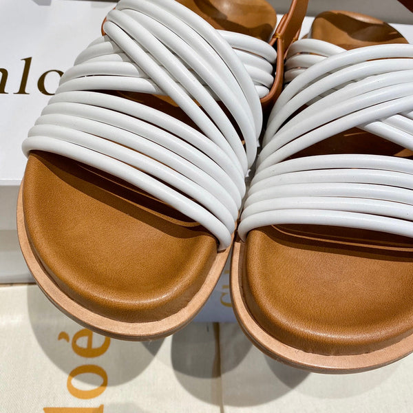 CHLOÉ CROSS STRAP SANDAL IN WHITE MIX BRONZE BROWN RUBBER WITH GOLD HARDWARE