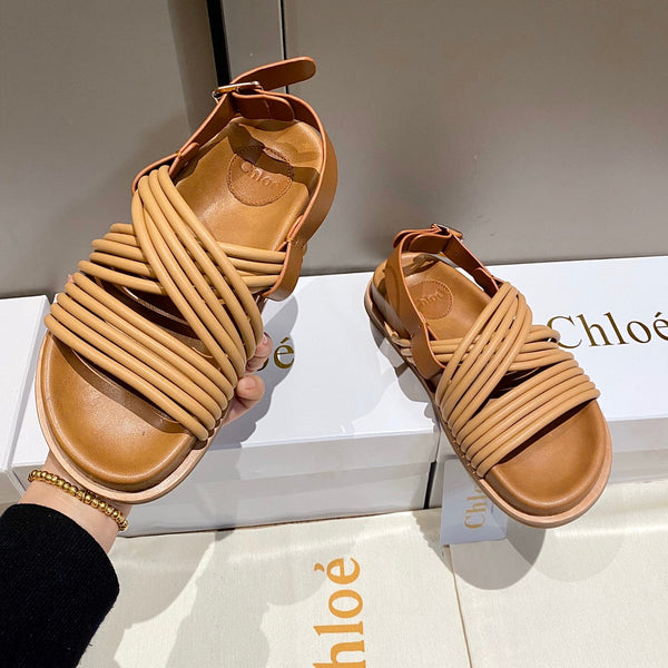CHLOÉ CROSS STRAP SANDAL IN BRONZE BROWN RUBBER WITH GOLD HARDWARE