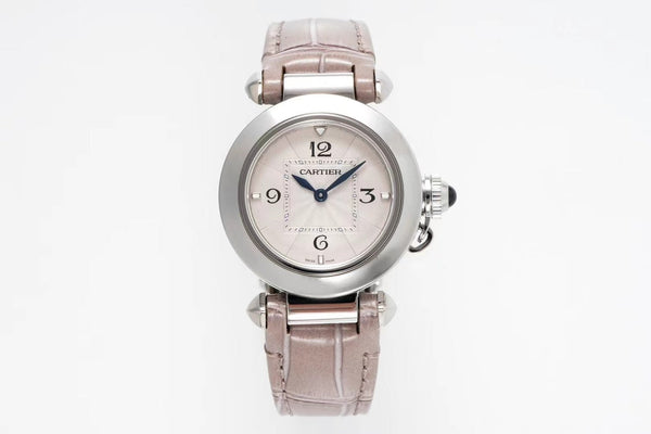pasha 30mm quartz stainless steel pink dial light brown leather