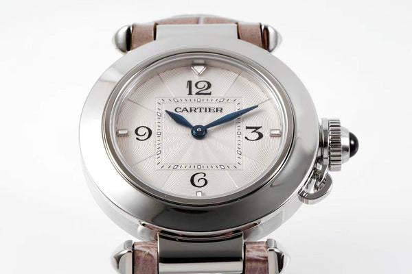 pasha 30mm quartz stainless steel pink dial light brown leather