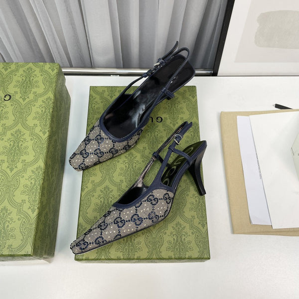 slingback pump 85 beige and blue canvas