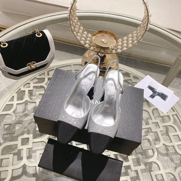 slingback 6.5 glitter silver black grosgrain
