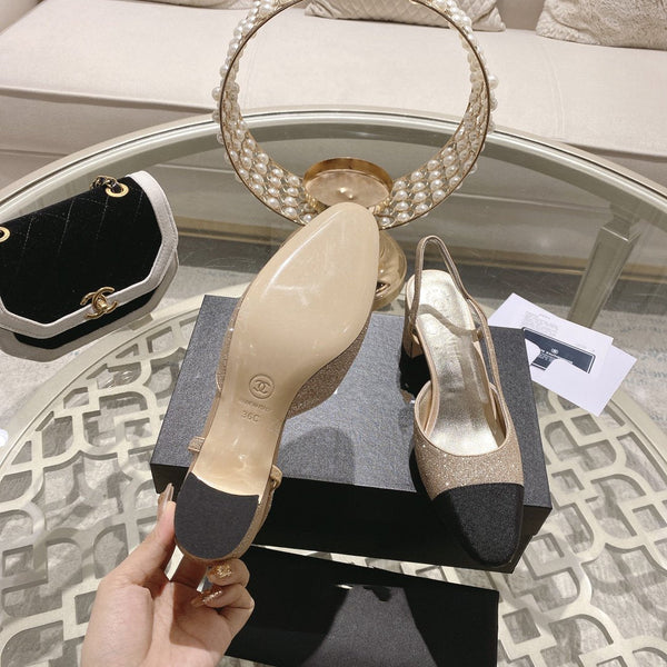 slingback 6.5 glitter beige black grosgrain