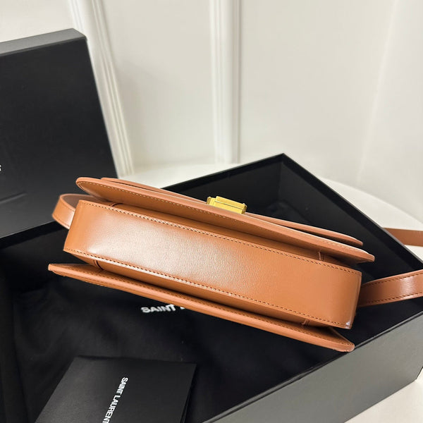 YSL Solferino Small Satchel Bag Brown Beige Gold Calfskin Canvas 339479